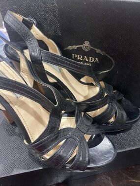 Prada Black Leather Strappy Open-Toe Slingback Heels